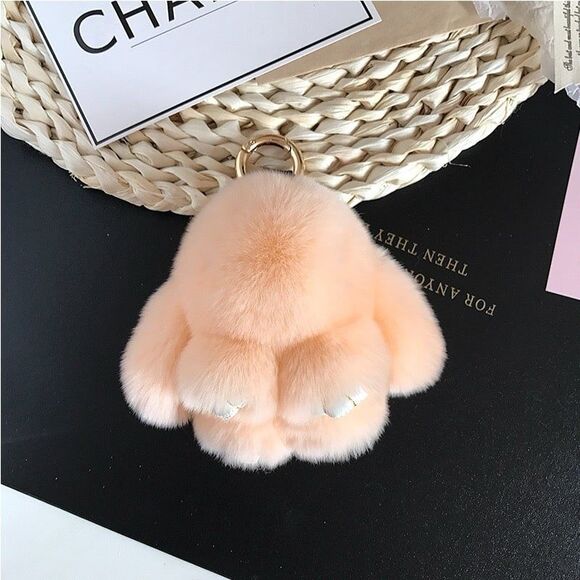 Real Rabbit hair pompom keychain - KC032 Coral - Picture 1 of 4